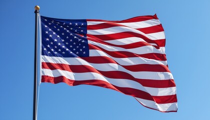 Obraz premium An American flag waving gently against a blue sky, symbolizing freedom and unity, Generative AI