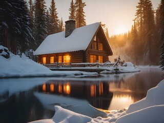Fototapeta premium A cozy winter cabin covered in snow, with a warm light glowing from the windows, surrounded by pine trees and a frozen lake