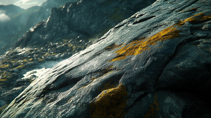 Close-up view of a textured stone surface with golden inserts moss and sunlight