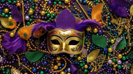 Golden Carnival Mask Amidst a Festive Array of Beads and Feathers