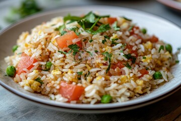 Close-up of a plate of fried rice with tomatoes, peas, and parsley