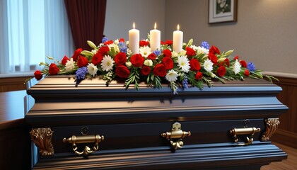 A casket adorned with flowers and candles, set in a peaceful funeral home, symbolizing remembrance and respect, Generative AI