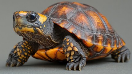 portrait of a box turtle on the road close up