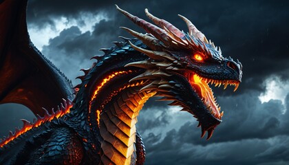 A menacing dragon with fiery eyes and glowing scales soaring above a dark, stormy sky, creating a sense of danger and wonder, Generative AI