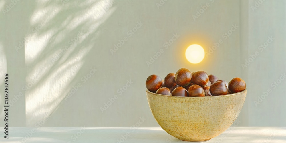Poster minimalist composition of chestnuts with a sunlit glow in modern style