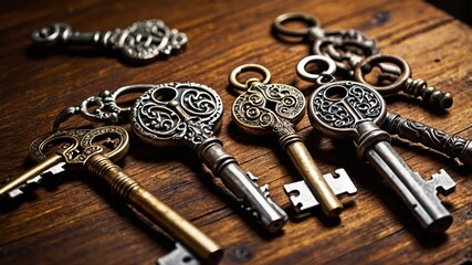 A detailed closeup of a set of antique keys with intricate designs, lying on an aged wooden surface, evoking a sense of mystery and history
