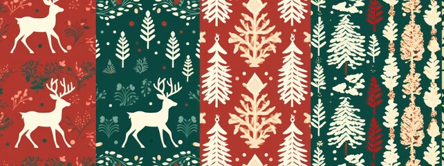 Handmade Seamless Christmas Pattern with Reindeer, Christmas Trees and Snowflakes