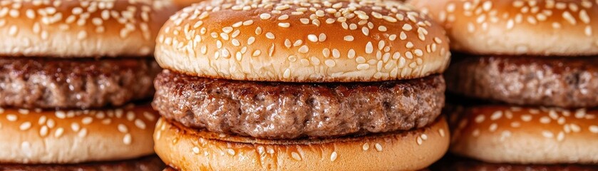 Casual outdoor dining with a stack of greasy hamburgers, hamburger, casual, greasy, outdoor