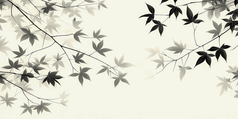Japandi style. Elegant silhouette of maple leaves on soft beige background