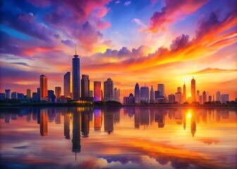 Fototapeta premium Vibrant Cityscape at Sunset with Watercolor Effect