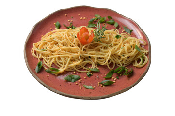 plate with seasoned pasta spaghetti with garlic olive oil italian dish