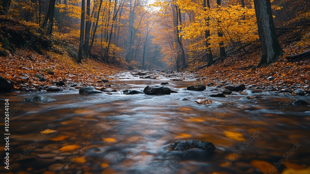 Poster clear water flows gently over smooth stones as colorful autumn leaves blanket the forest floor, illu