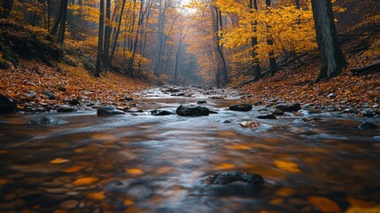 Clear water flows gently over smooth stones as colorful autumn leaves blanket the forest floor, illuminated by the soft light of dawn.