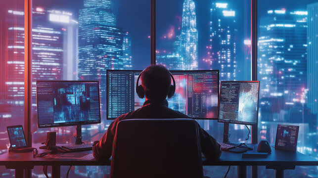 A digital nomad working from home, surrounded by multiple screens and gadgets, wearing headphones while on a virtual meeting. A sleek, high-tech desk setup, with futuristic lighting.