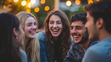 Fototapeta premium Group of friends smiling and laughing together at a social gathering or event 