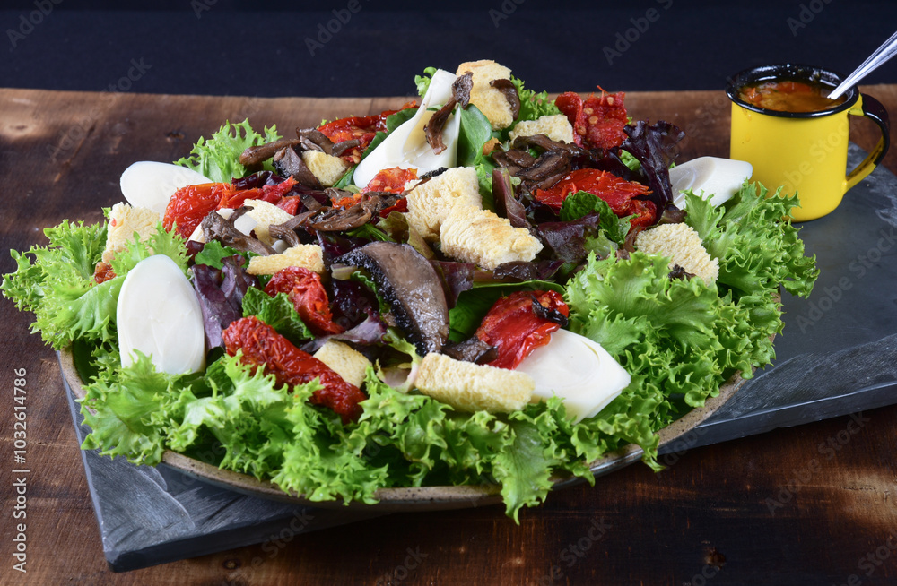 Wall mural plate with salad potato healthy vegan food hearts of palm tomato lettuce tasty lunch light