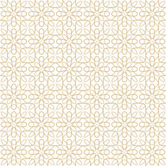 Abstract vector seamless pattern. Golden floral geometric ornament. Luxury background texture with thin curved lines, flower silhouettes, grid, lattice. Gold and white repeated design for wallpaper