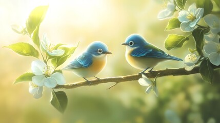 Obraz premium Two blue birds perched on a branch surrounded by white flowers in a soft, glowing background.
