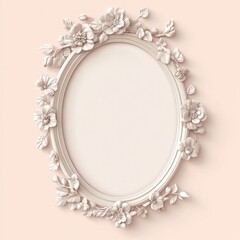 An elegant oval frame with a romantic floral pattern, isolated on a pastel pink background, ideal for wedding photos