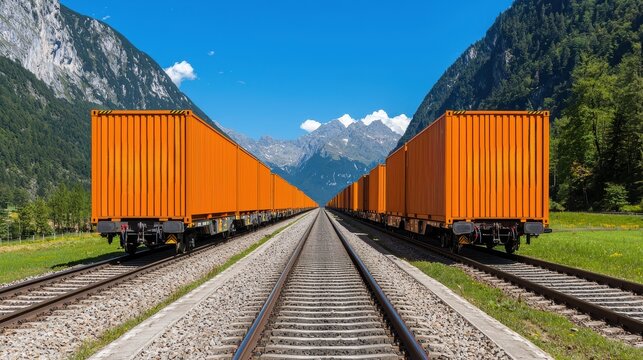 A scenic view of vibrant orange freight train cars on parallel tracks, surrounded by majestic mountains and a clear blue sky.
