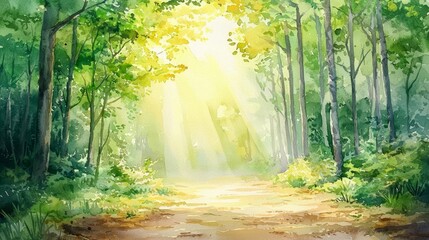 Fototapeta premium Serene forest path illuminated by gentle sunlight rays.