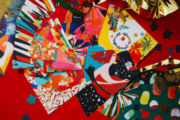 Obraz premium Colorful gift wrapping paper in bold patterns on red festive background.