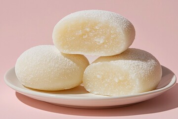Three White Mochi Balls with Powdered Sugar on a White Plate