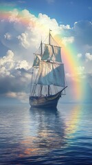 Obraz premium Stunning Ship Sailing Through a Rainbow Era