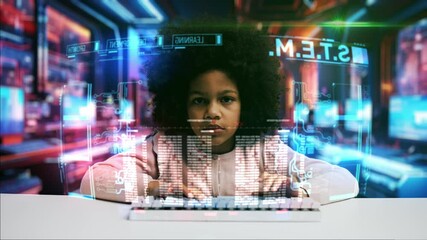 Clever schoolgirl programming on holographic display in a futuristic room, STEM - Powered by Adobe