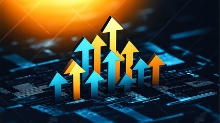 Colorful upward arrows representing growth and progress against a dark digital background illuminated by an orange light