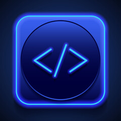 Coding simple icon vector. Flat design. Blue neon style on button. With shadow