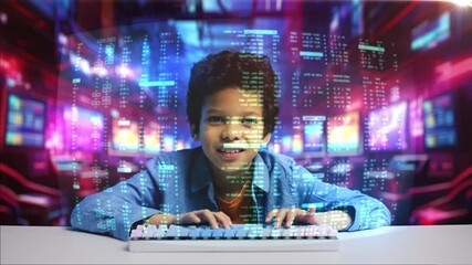 Excited schoolboy programming on holographic display, futuristic studying, STEM - Powered by Adobe