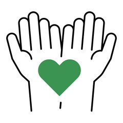 Obraz premium Vector icon of Handmade hands with green heart. A line drawing of two hands holding a green heart, symbolizing handmade and eco-friendly products.