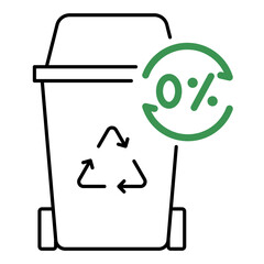 Vector icon of Zero Waste trash bin with green recycling symbol. A line drawing of a trash bin with a green recycling logo, symbolizing zero waste and eco-friendly waste management.