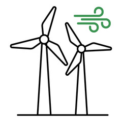 Vector icon of Wind Turbine with air currents. A simple line drawing of a wind turbine and airflow, symbolizing renewable energy and clean energy solutions.