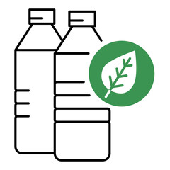 Vector icon of Plastic-Free water bottles with green leaf symbol. A simple line drawing of water bottles with a green leaf, representing plastic-free packaging and sustainability.