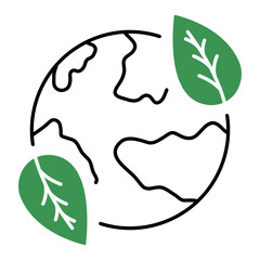 Vector icon of the Earth with a green leaf representing environmental sustainability. Simple black outlines with green details. Earth with green leaf icon. 