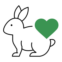 Vector icon of a rabbit with a green heart symbolizing cruelty-free. Black rabbit with green heart. Cute rabbit with heart icon. 
