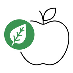 Vector icon of an apple with a green leaf representing vegan food. It uses a simple black outline with green detailing.