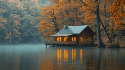 Fototapeta premium A cozy wooden cabin with glowing windows rests by a fog-covered lake. The surrounding trees display bright autumn colors, creating a tranquil atmosphere at dawn.