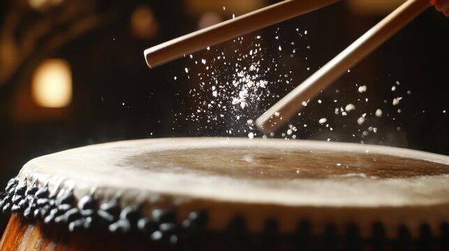 A close-up of a drumstick striking the surface of a taiko drum, the skin of the drum vibrating with the impact.
