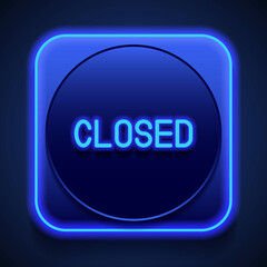 Closed simple icon vector. Flat design. Blue neon style on button. With shadow