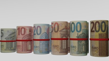 Bundle of euro banknotes with white background
