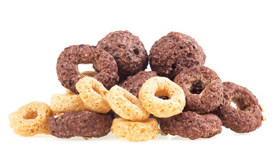 Cereals breakfast - pile of corn rings and balls isolated on white background. Healthy food.