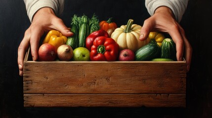 Hands holding wooden box with vegetables