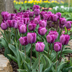 Obraz premium Colorful purple tulips and green foliage growing in abundance in a spring garden