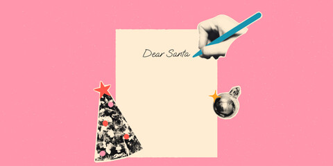 Christmas halftone art collage banner or card template with a cut-out hand writing a letter to Santa, isolated on a vintage dotted textured background. Modern retro mixed media vector illustration
