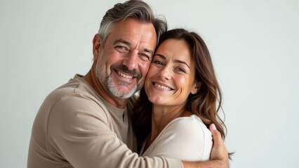 Happy smiling romantic middle aged couple, man and woman hugging while looking at camera on white background. Free space for text