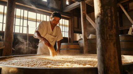 A sake brewer inspecting a vat of fermenting rice in a traditional brewery, the natural light filtering through the wooden beams and casting a glow on the large barrels.