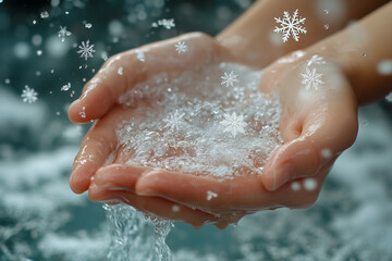 Fototapeta premium Gentle hands cradling warm water with snowflakes swirling around in winter